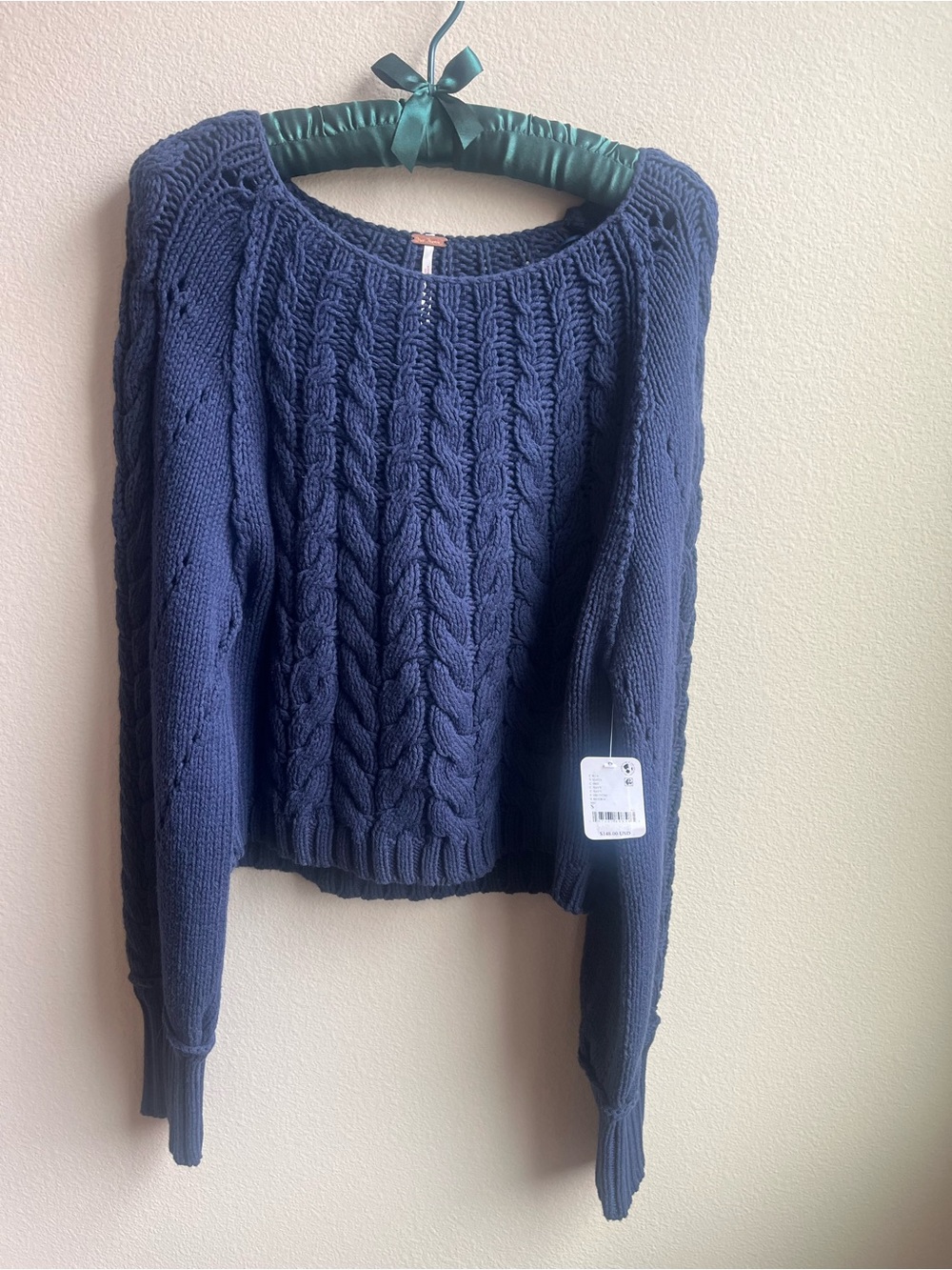 Free People Navy Pointelle and Cable Knit Sweater with Blouson Sleeves - Picture 8 of 13